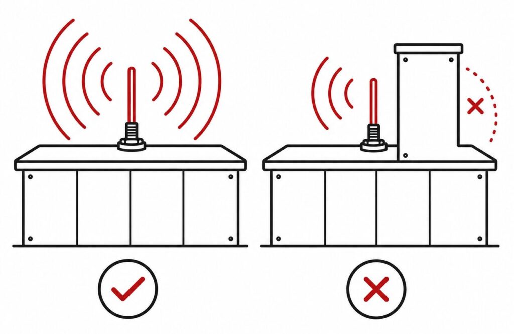 Zweigeteilte Illustration einer Antenne auf einer Metallfläche: links mit freier Signalabstrahlung, rechts durch einen metallischen Aufbau abgeschirmt.