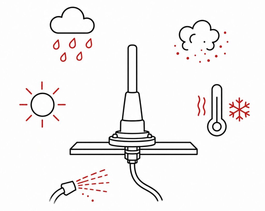 Außen montierte Antenne, umgeben von Symbolen für Regen, Staub, UV-Strahlung, Reinigungswasser sowie Hitze und Kälte.