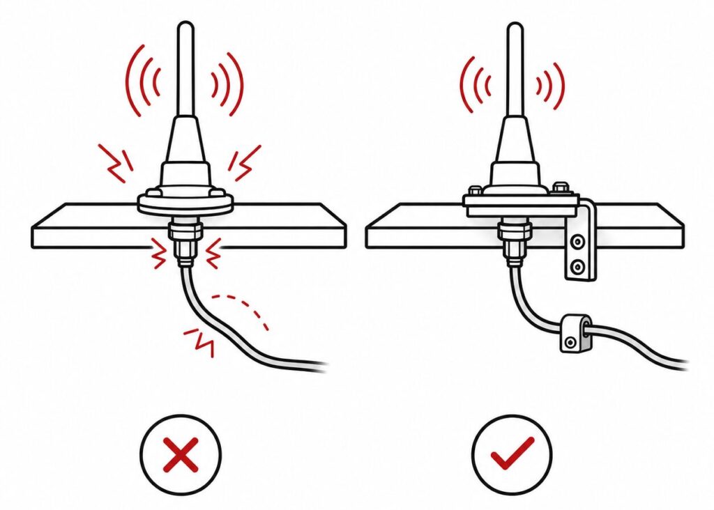 Gegenüberstellung einer vibrierenden Antenne mit belastetem Kabelanschluss und einer stabil befestigten Antenne mit zugentlasteter Kabelführung.