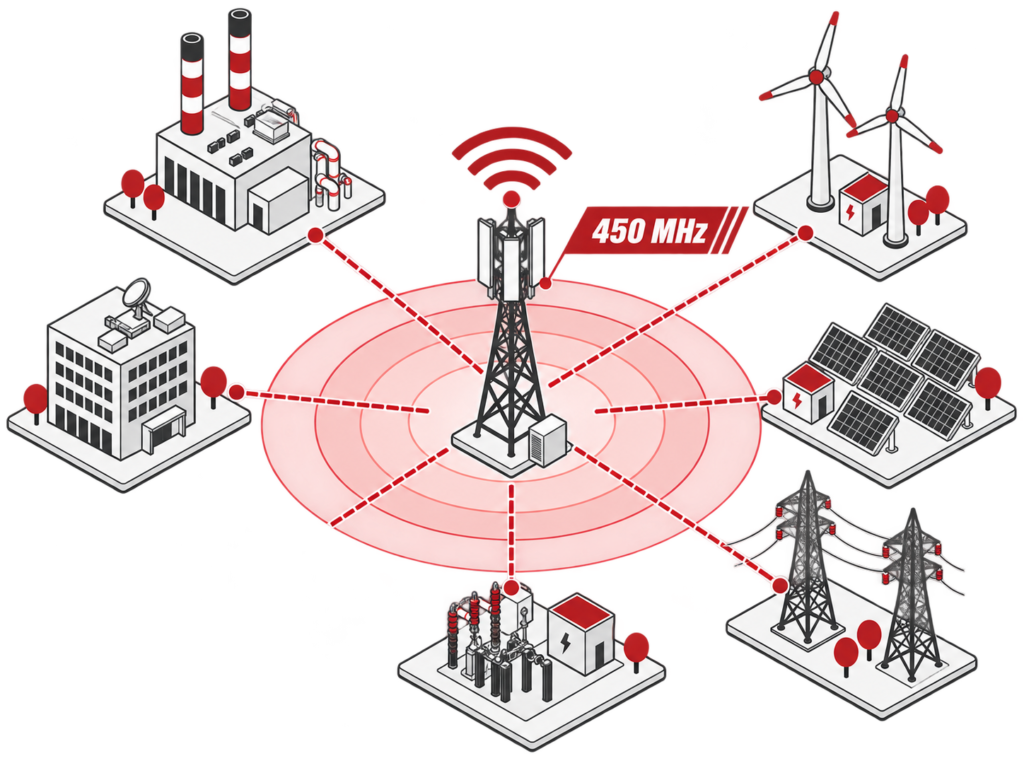 LTE450 Netzwerk mit zentralem 450MHz-Funkmast und vernetzten Energie- und Infrastrukturanwendungen wie Windkraft, Photovoltaik, Industrie und Stromnetz.
