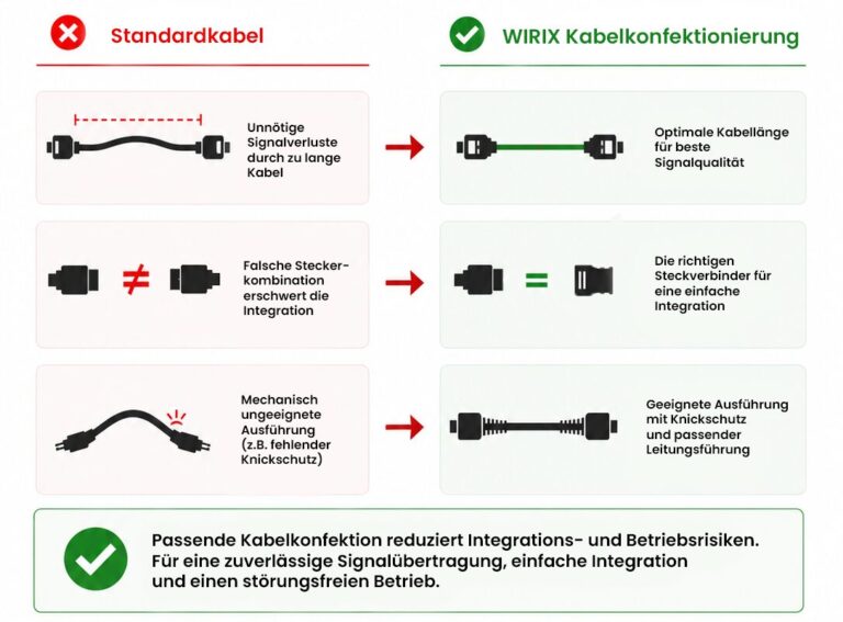 Infografik zur kundenspezifischen Kabelkonfektionierung mit passender Kabellänge, abgestimmten Steckverbindern und mechanisch robuster Ausführung.