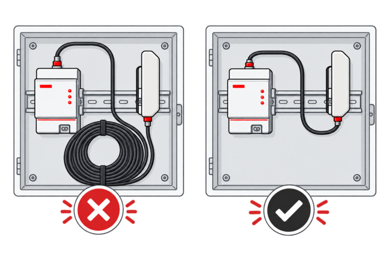 Smart Meter Gateway im Zählerschrank mit aufgerolltem Antennenkabel im Vergleich zu passend konfektionierter Kabellänge